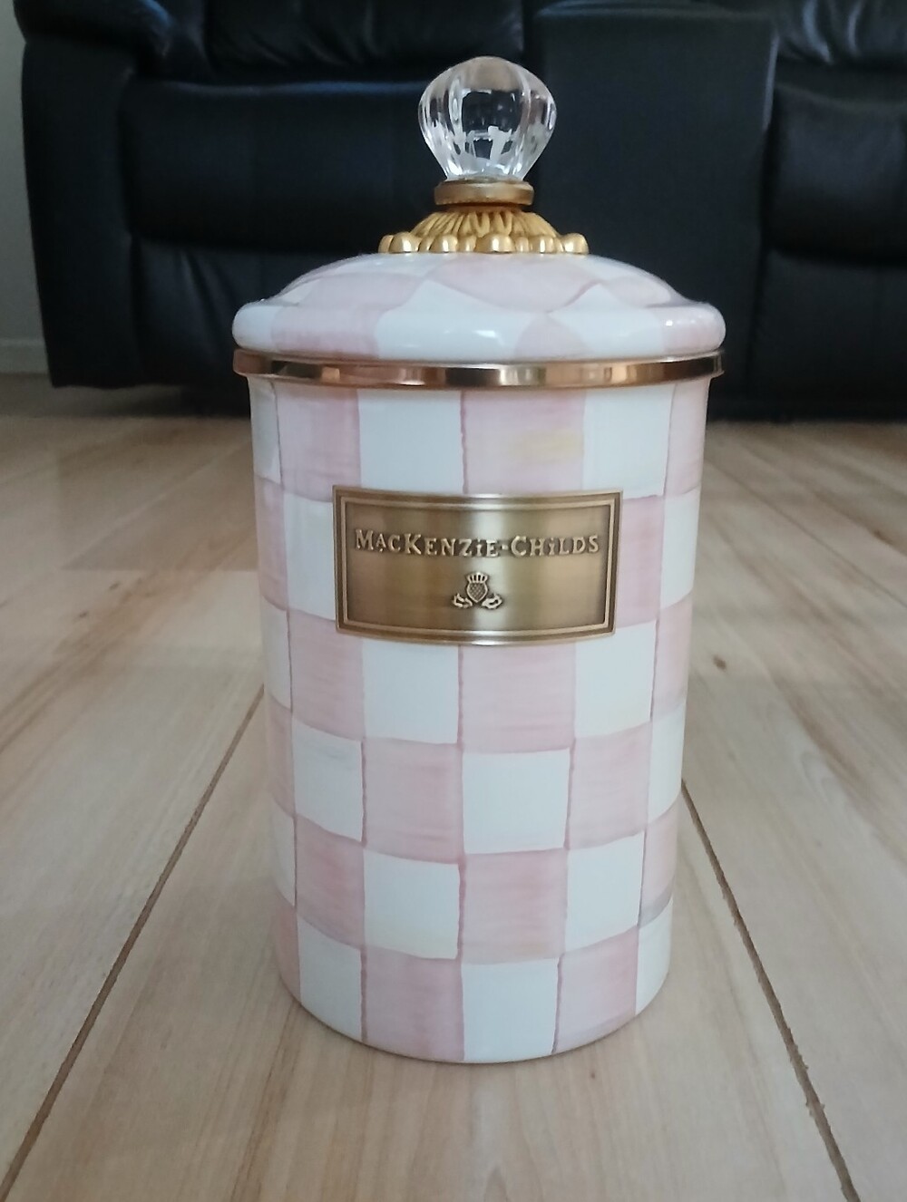 MacKenzie-Childs Rosy Check Large Canister With Crystal Knob Brand New
